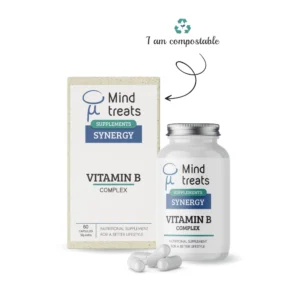 vitamin b complex capsules, thiamin B1 riboflavin B2, niacin B3, pantothenic acid B5, pyridoxine B6, biotin B7, folic acid B9, methylcobalamin B12, packaging box compostable