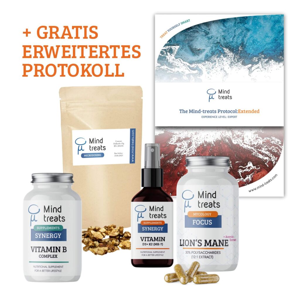 microdosing frische trüffel stacking set, mind treat bundle, lion's mane, igel-stachelbart, vitamin b komplex kapseln, vitamin d3 spray, gratis protokoll